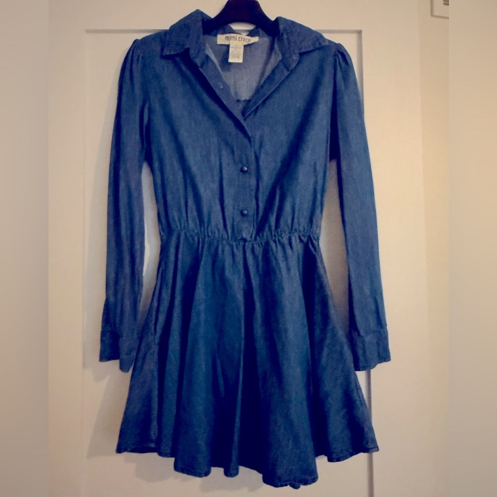 Denim Skater Shirt Dress S Button Front Long Sleeve Mini Dress